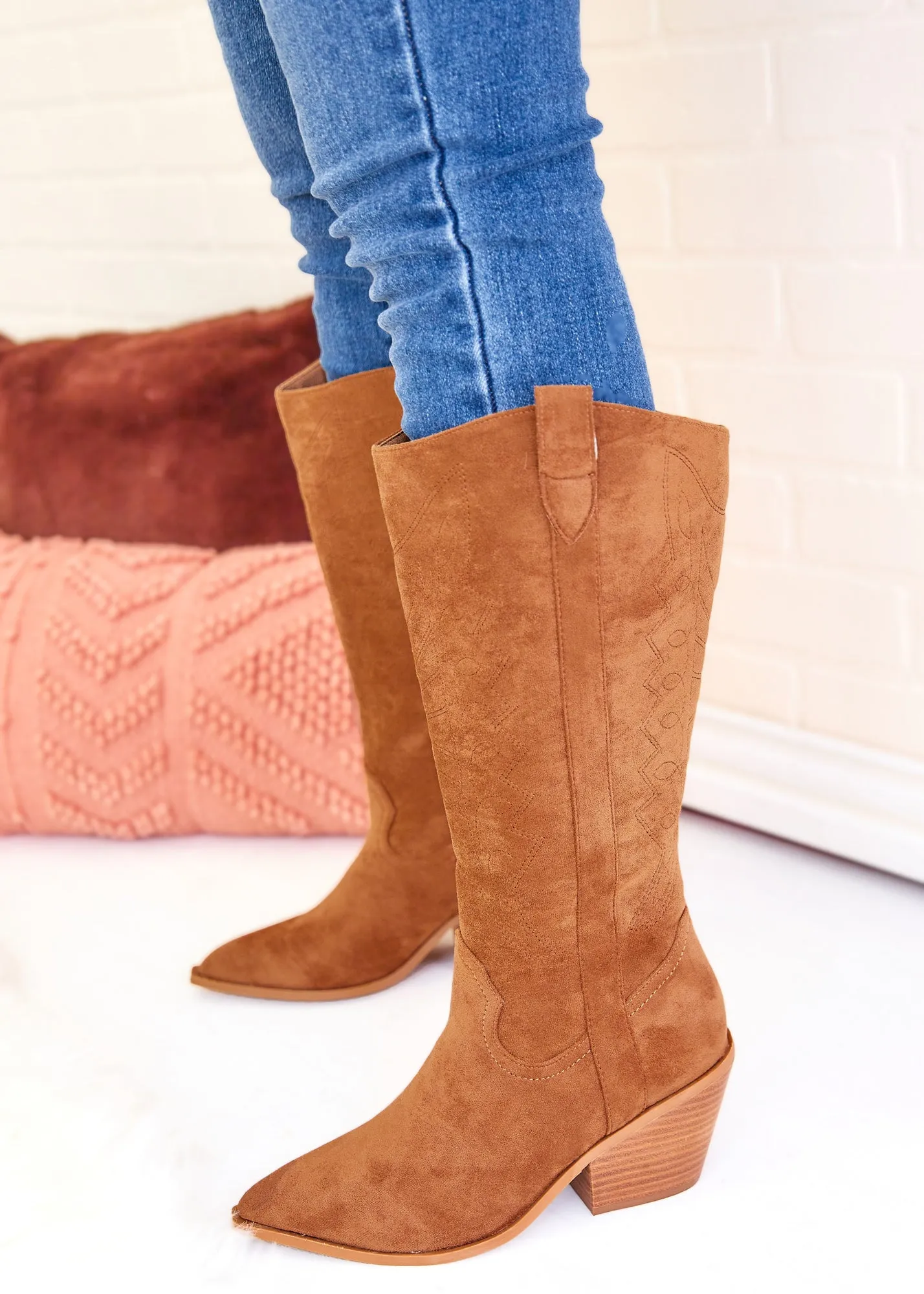 Howdy Cowboy Wide Calf Boots by Corkys - Cognac Suede