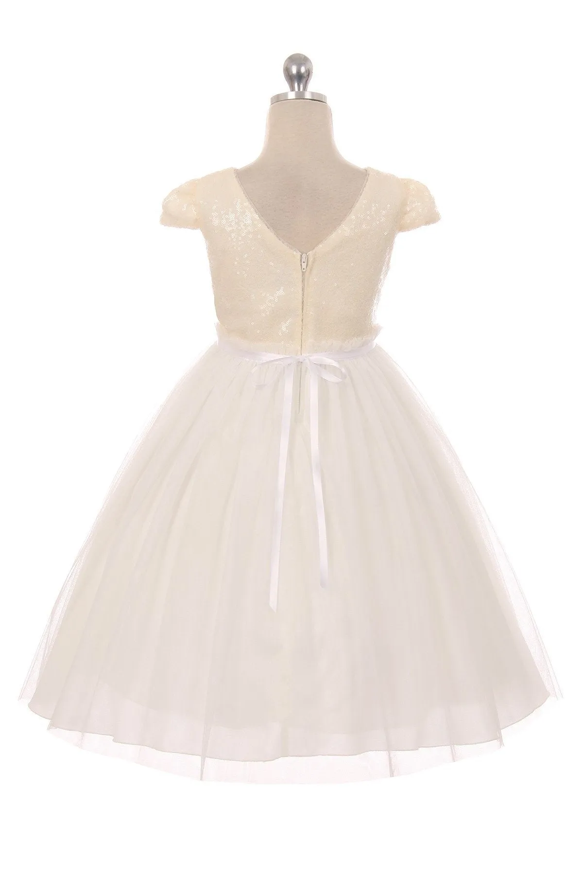 Ivory Sequin Mesh Pleated Girls Dress