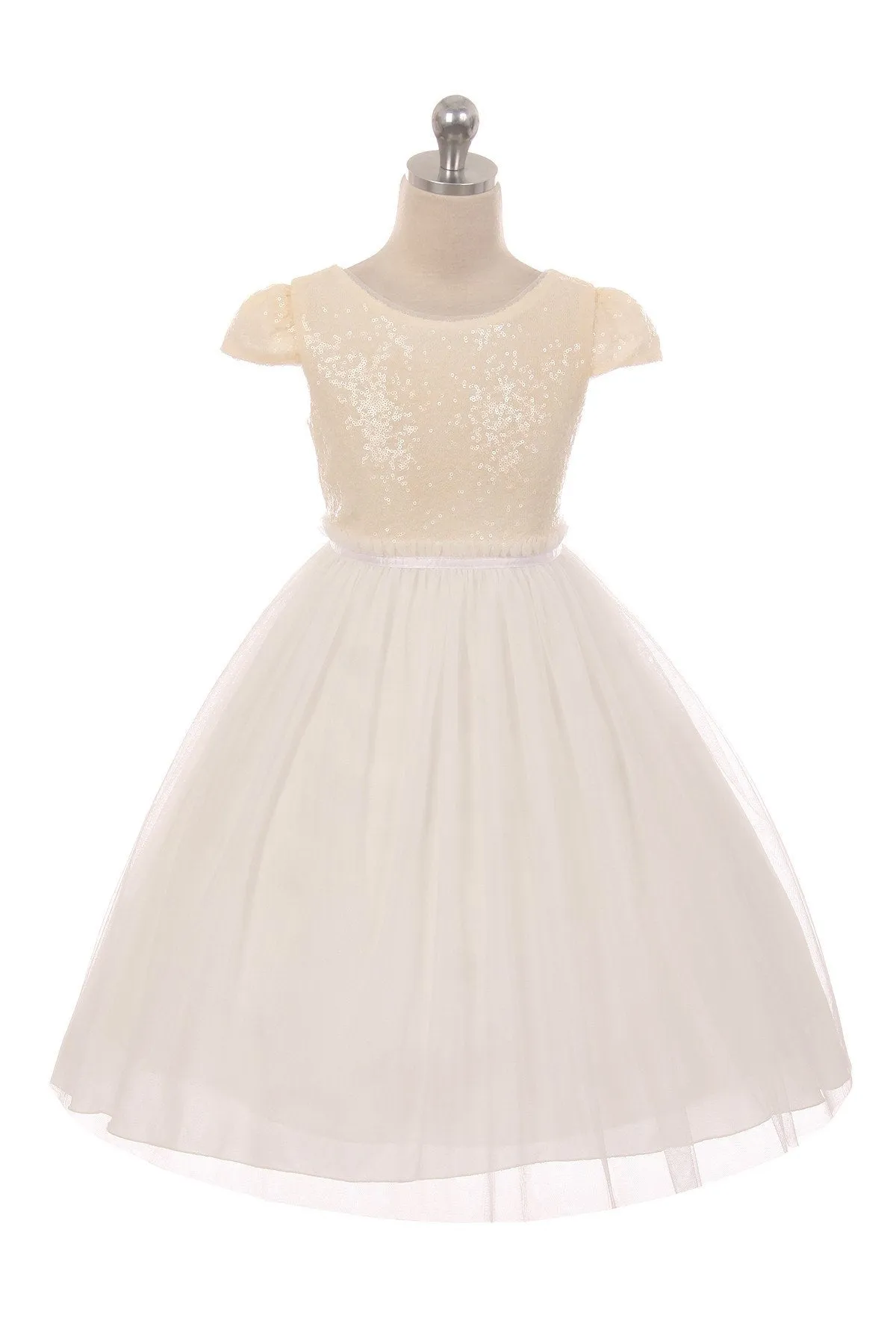 Ivory Sequin Mesh Pleated Girls Dress