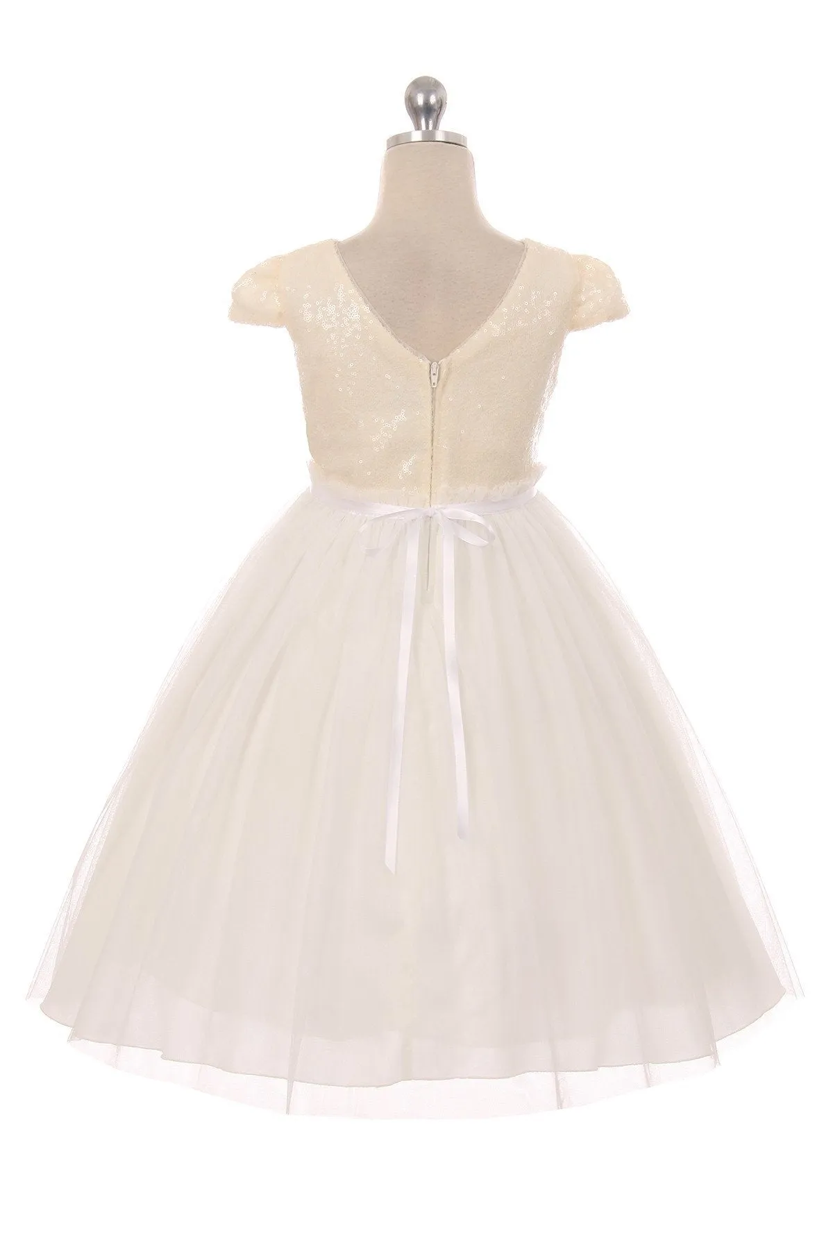 Ivory Sequin Mesh Pleated Girls Plus Size Dress