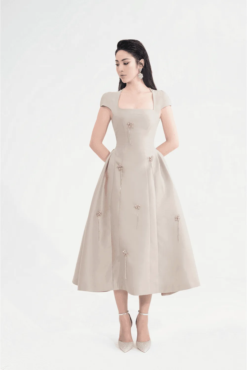 Kathryn A-line Square Neck Taffeta Midi Dress