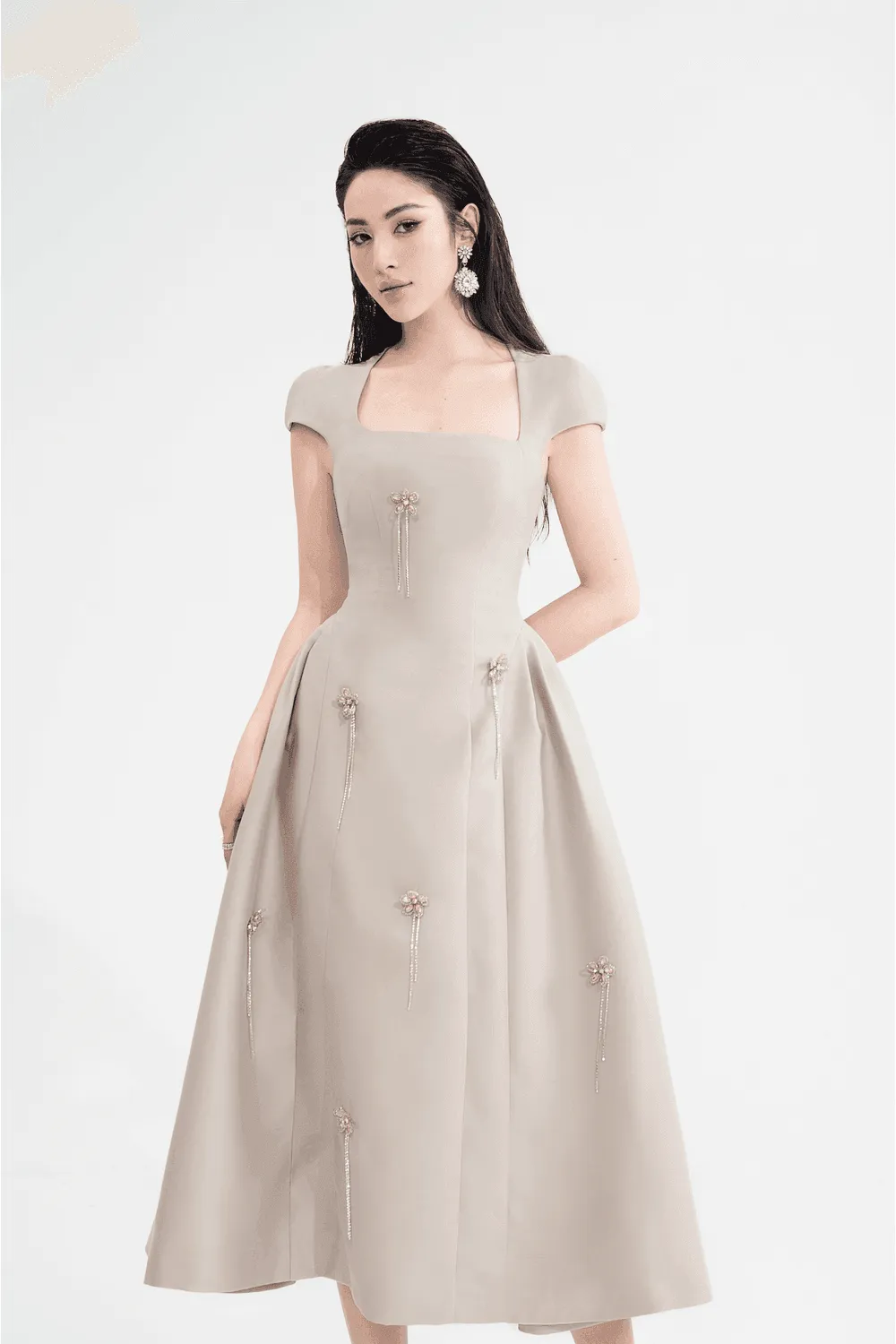 Kathryn A-line Square Neck Taffeta Midi Dress