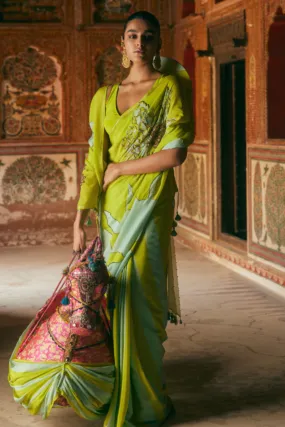 Khel Bright Green And Powder Blue Floral Saree