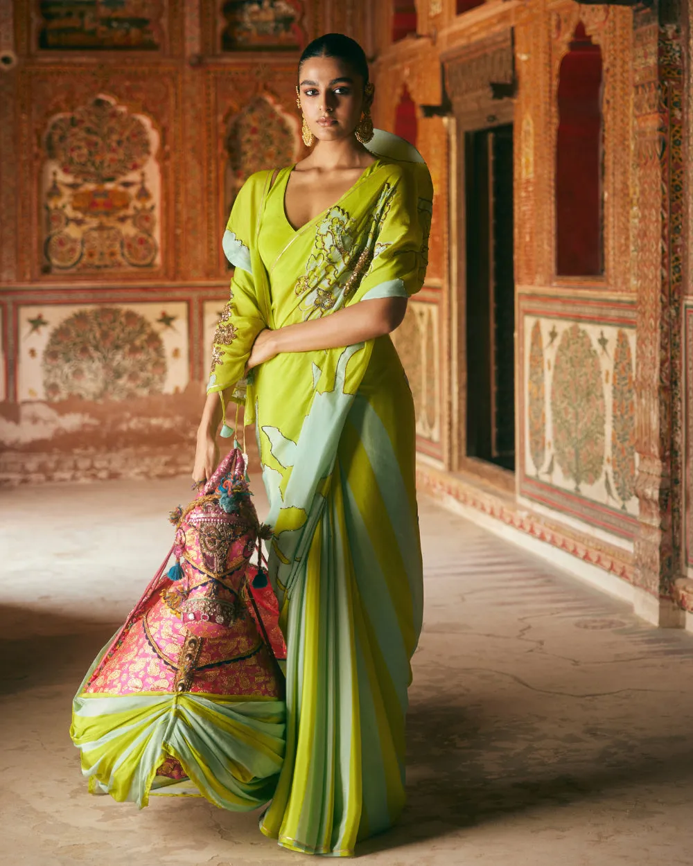 Khel Bright Green And Powder Blue Floral Saree