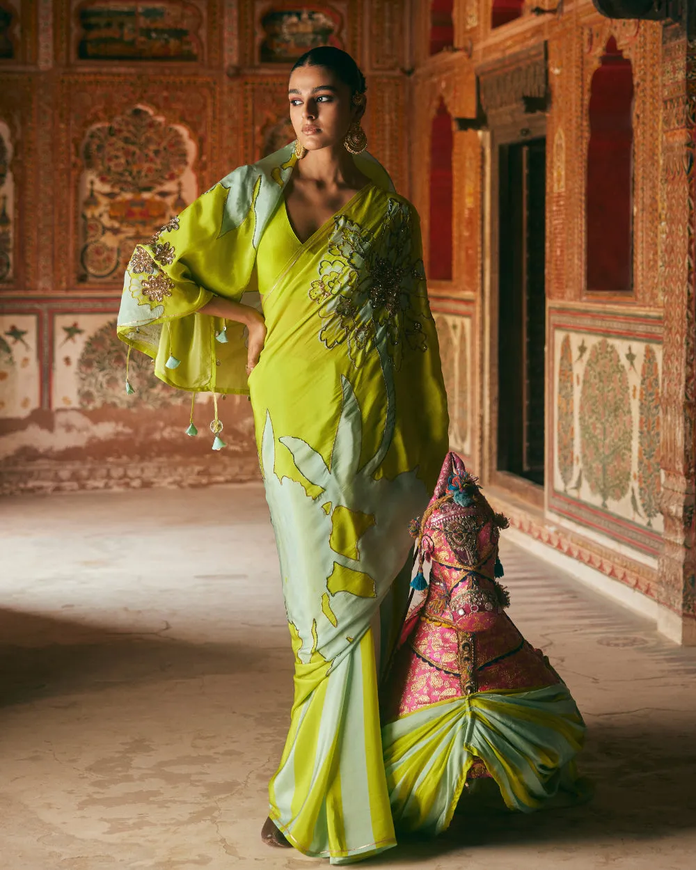 Khel Bright Green And Powder Blue Floral Saree