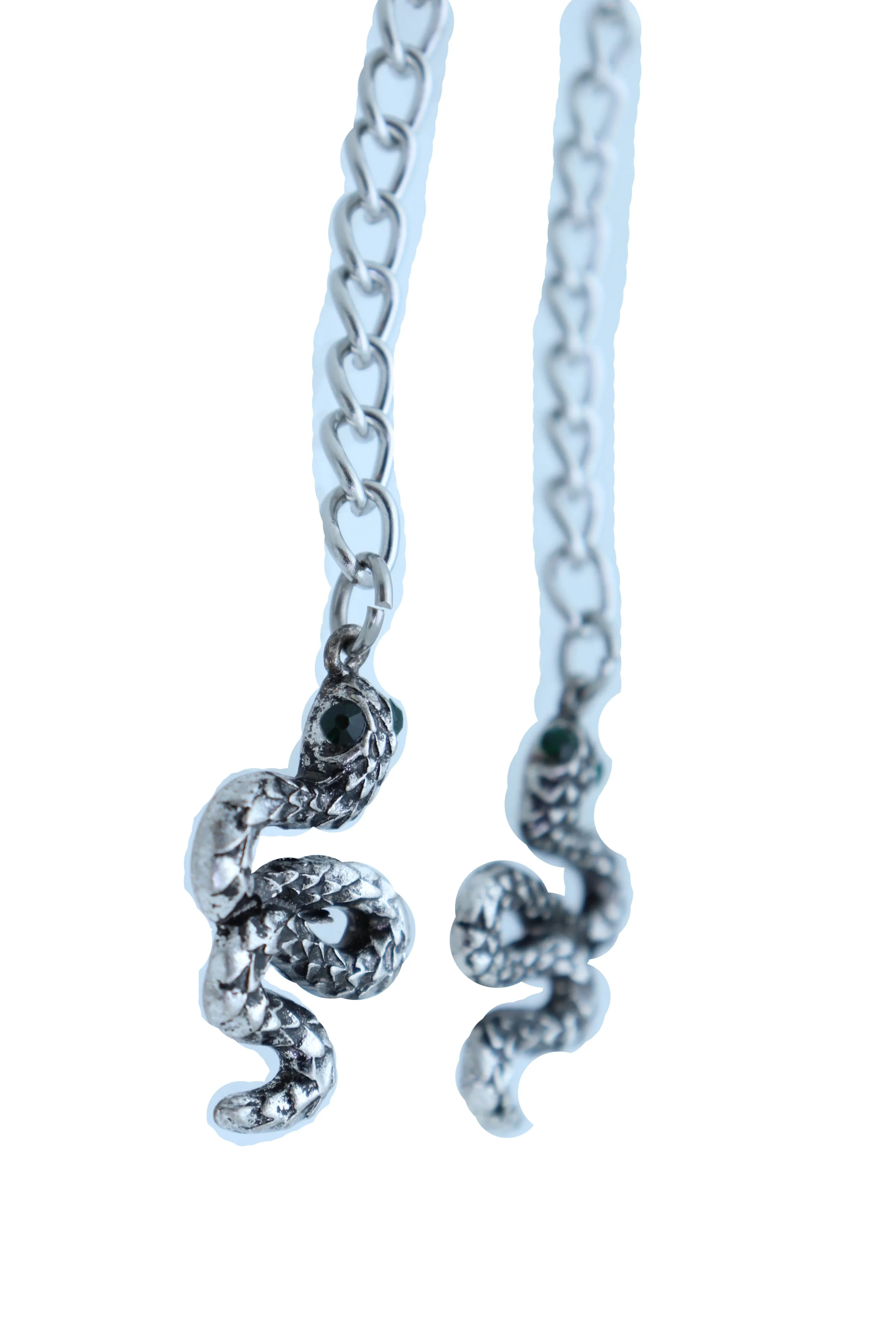 Long Silver Metal Chain Snake Charm Dangle Earrings