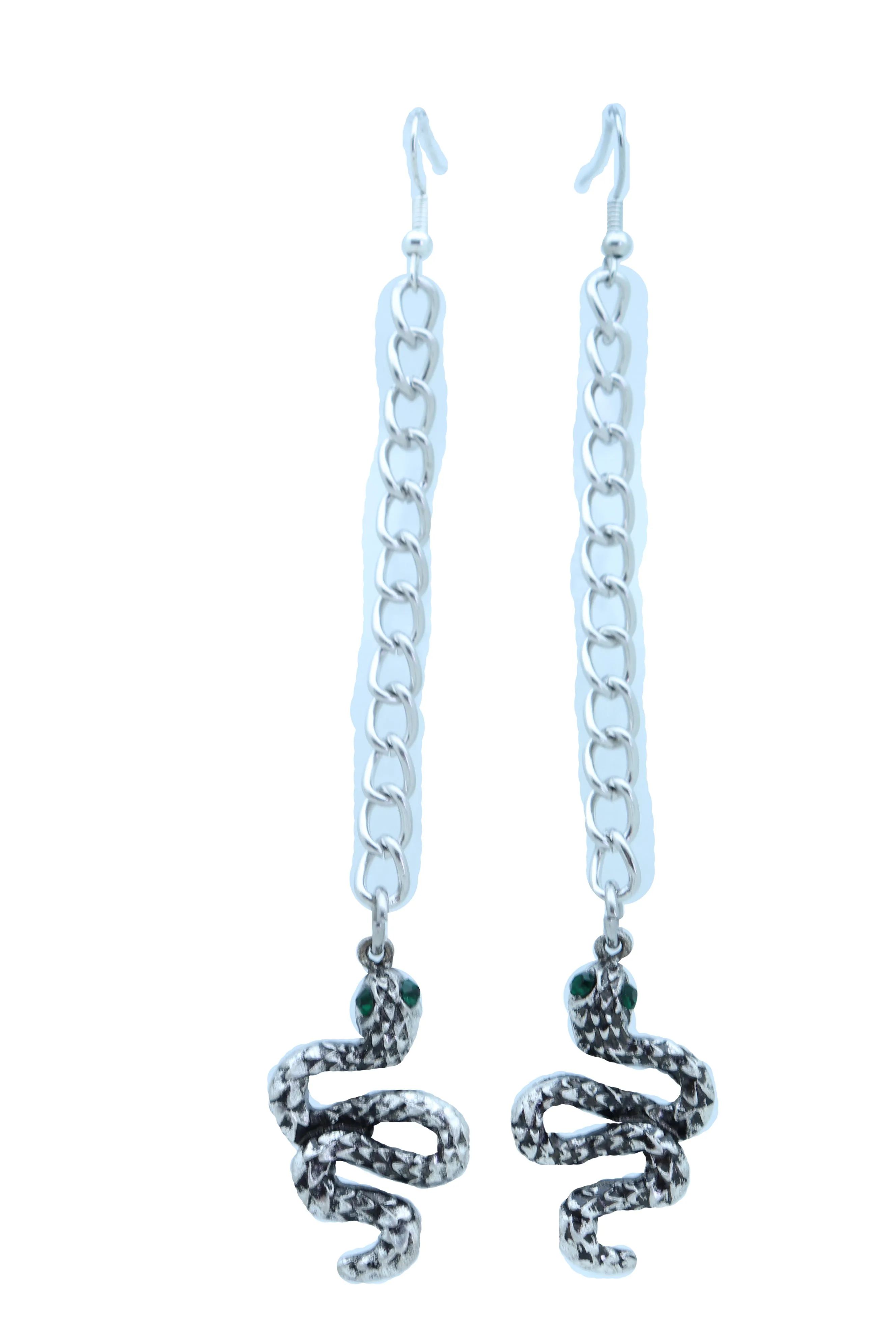 Long Silver Metal Chain Snake Charm Dangle Earrings