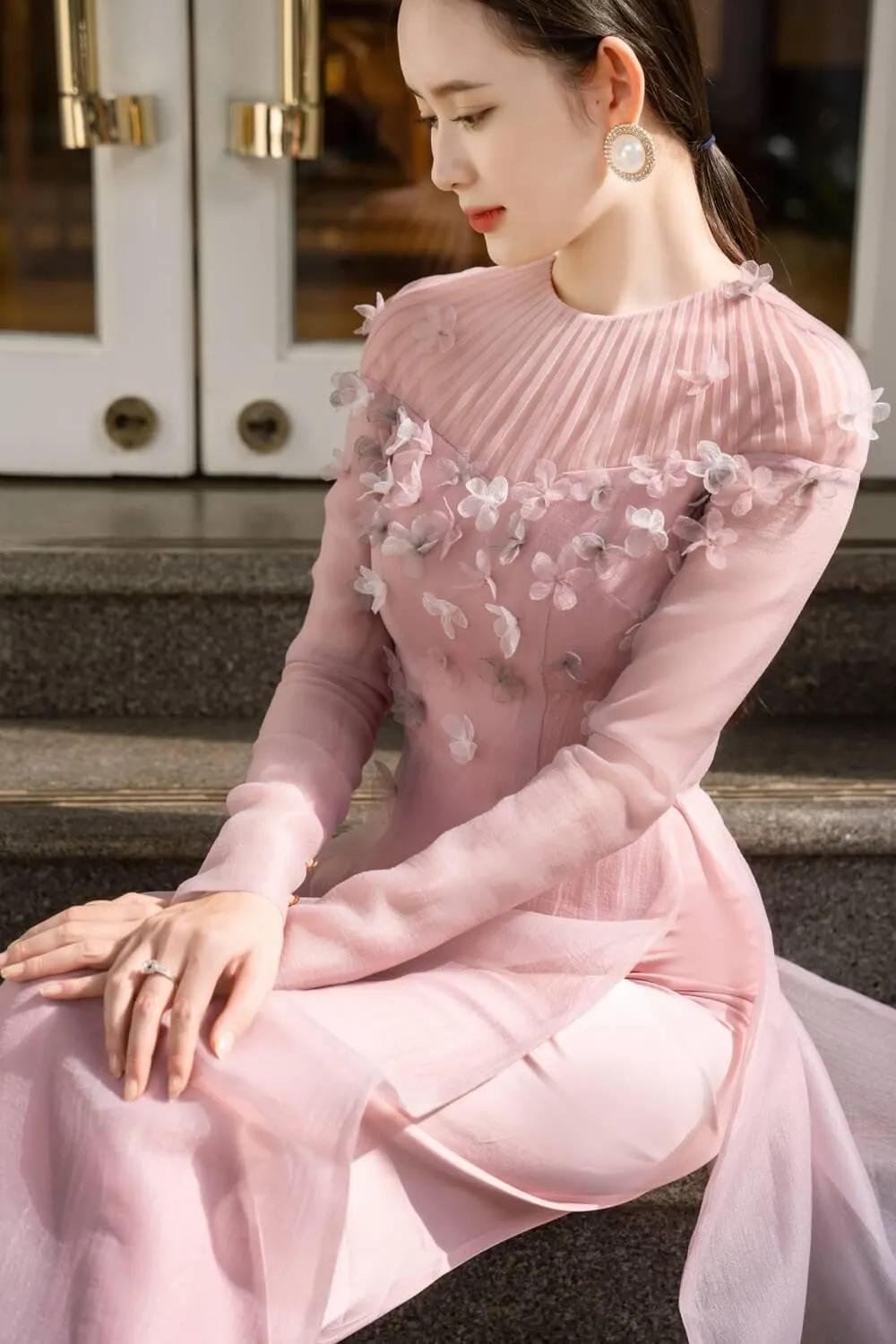 Mackenzie Fitted Flower Applique Organza Long Length Ao Dai