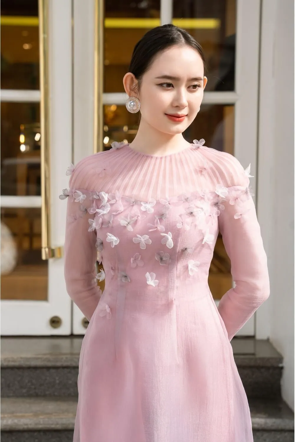 Mackenzie Fitted Flower Applique Organza Long Length Ao Dai