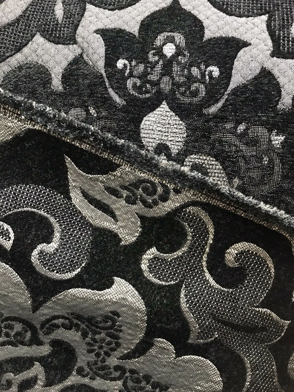 NEW Queen Allyson Designer Velvet Chenille Quilted Medallion Burnout Upholstery Fabric - Black