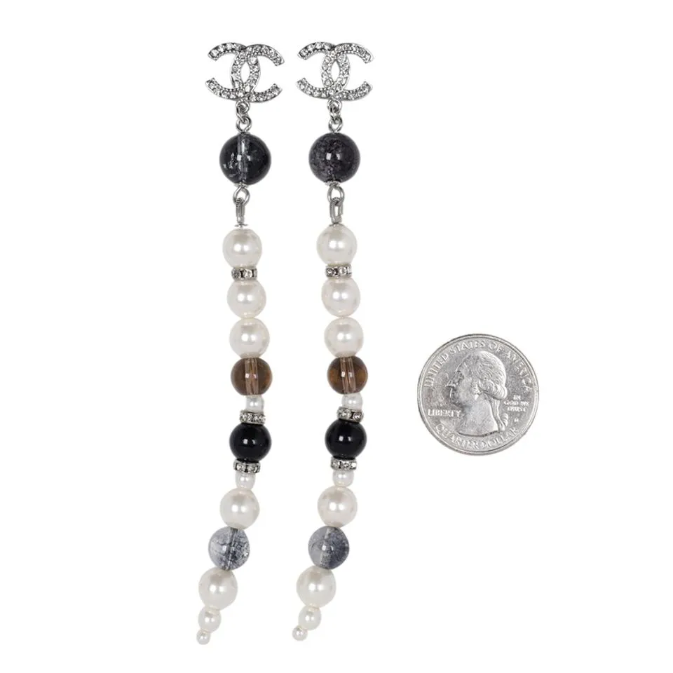 Pearl Rhinestone Dangle Pierced Earrings (Authentic New)