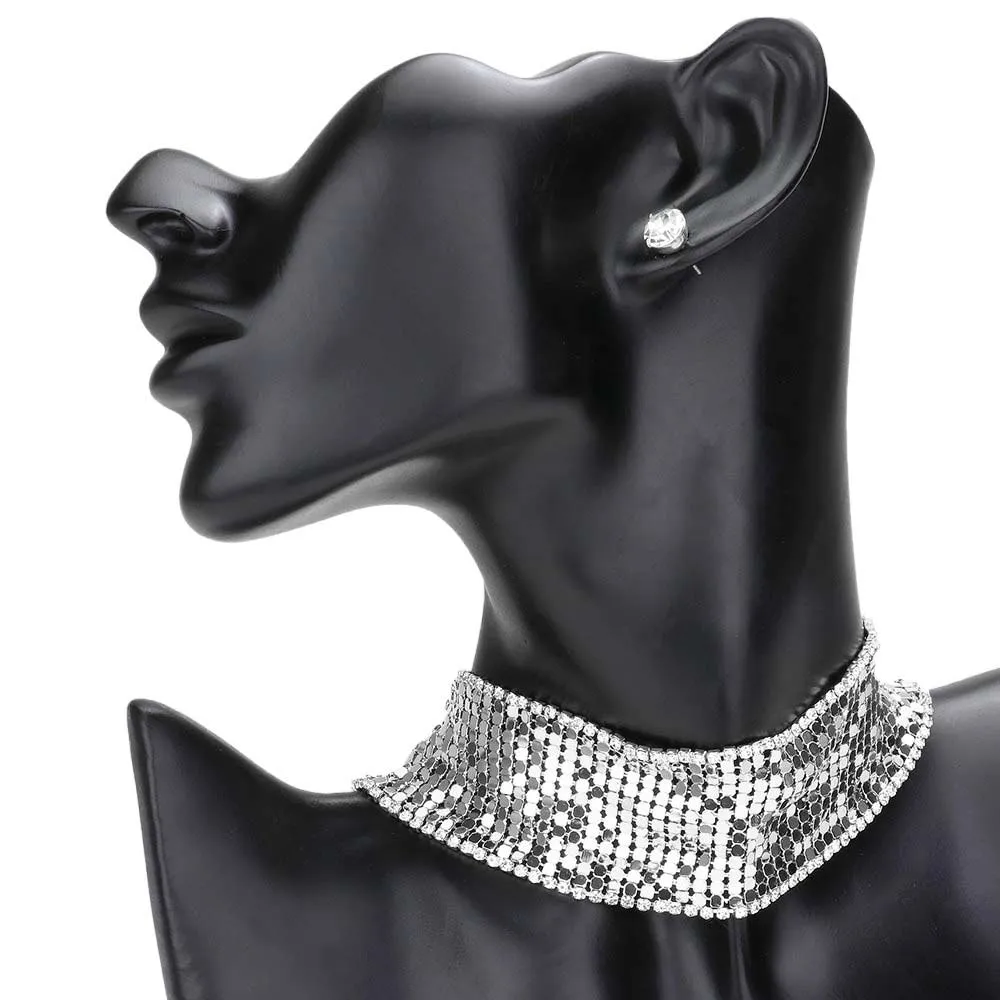 Rhinestone Trimmed Metal Choker Jewelry Set