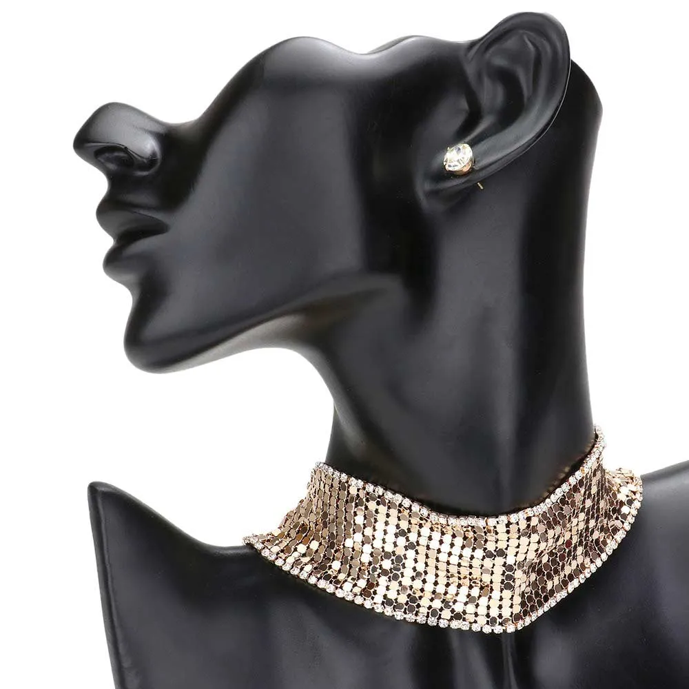 Rhinestone Trimmed Metal Choker Jewelry Set