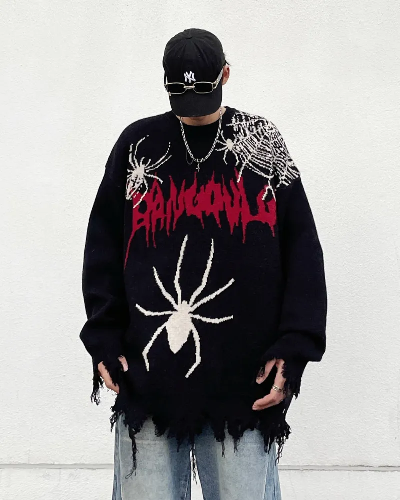 Streetwear Spider Knitted Fringe Crewneck Sweater