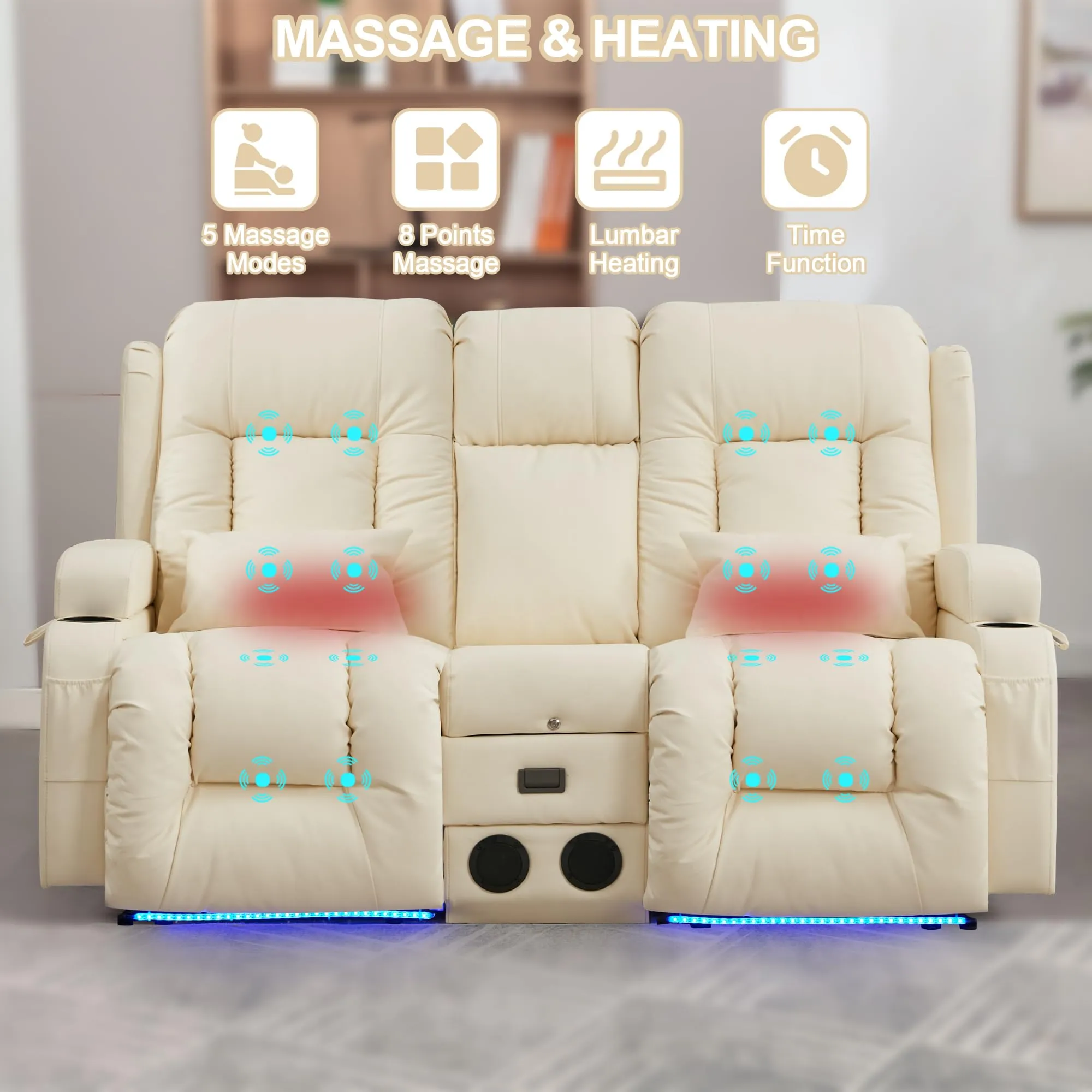 TUNYI Power Loveseat Recliner Sofa with Massage & Heat Home Theater Seating with Console Electric Recliner RV Sofa with USB/Outlet/Storage/Side Pocket/LED Light/Speaker (White, Loveseat)