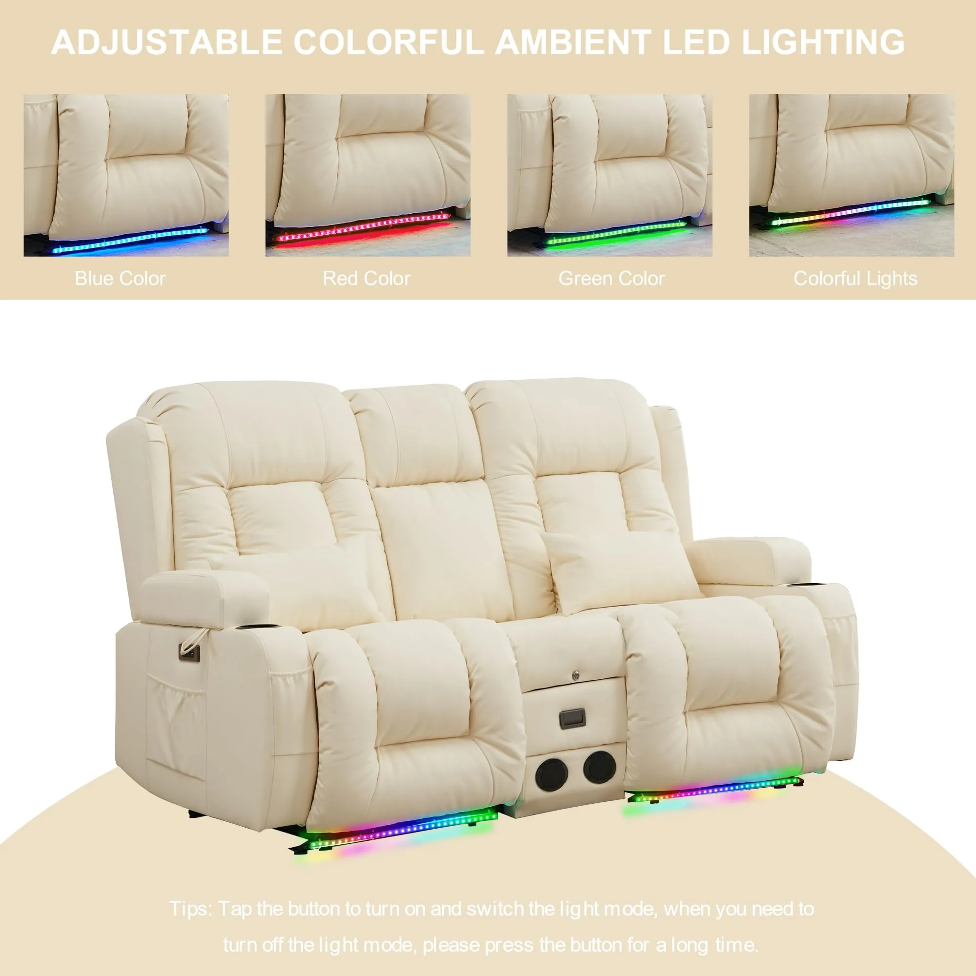 TUNYI Power Loveseat Recliner Sofa with Massage & Heat Home Theater Seating with Console Electric Recliner RV Sofa with USB/Outlet/Storage/Side Pocket/LED Light/Speaker (White, Loveseat)