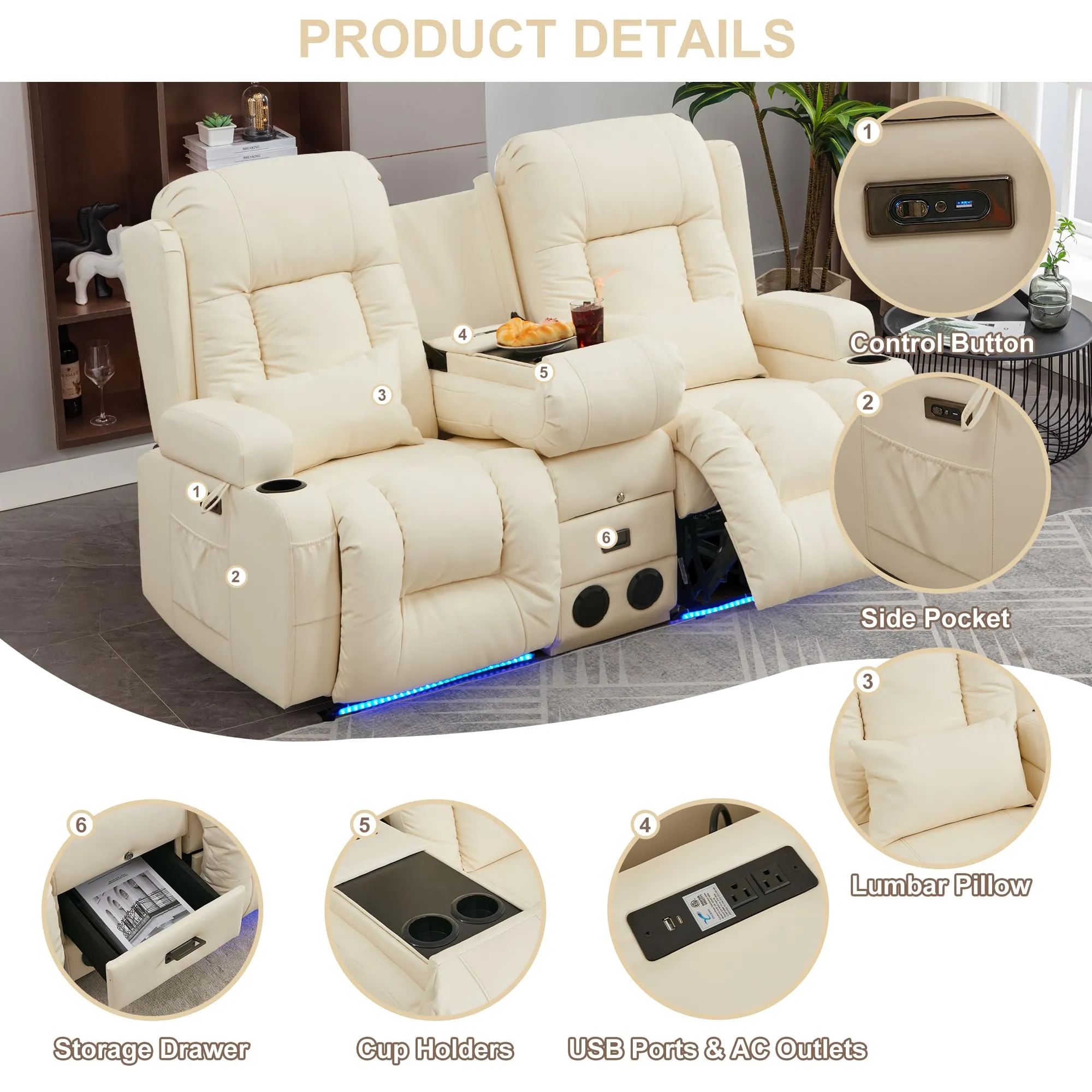 TUNYI Power Loveseat Recliner Sofa with Massage & Heat Home Theater Seating with Console Electric Recliner RV Sofa with USB/Outlet/Storage/Side Pocket/LED Light/Speaker (White, Loveseat)