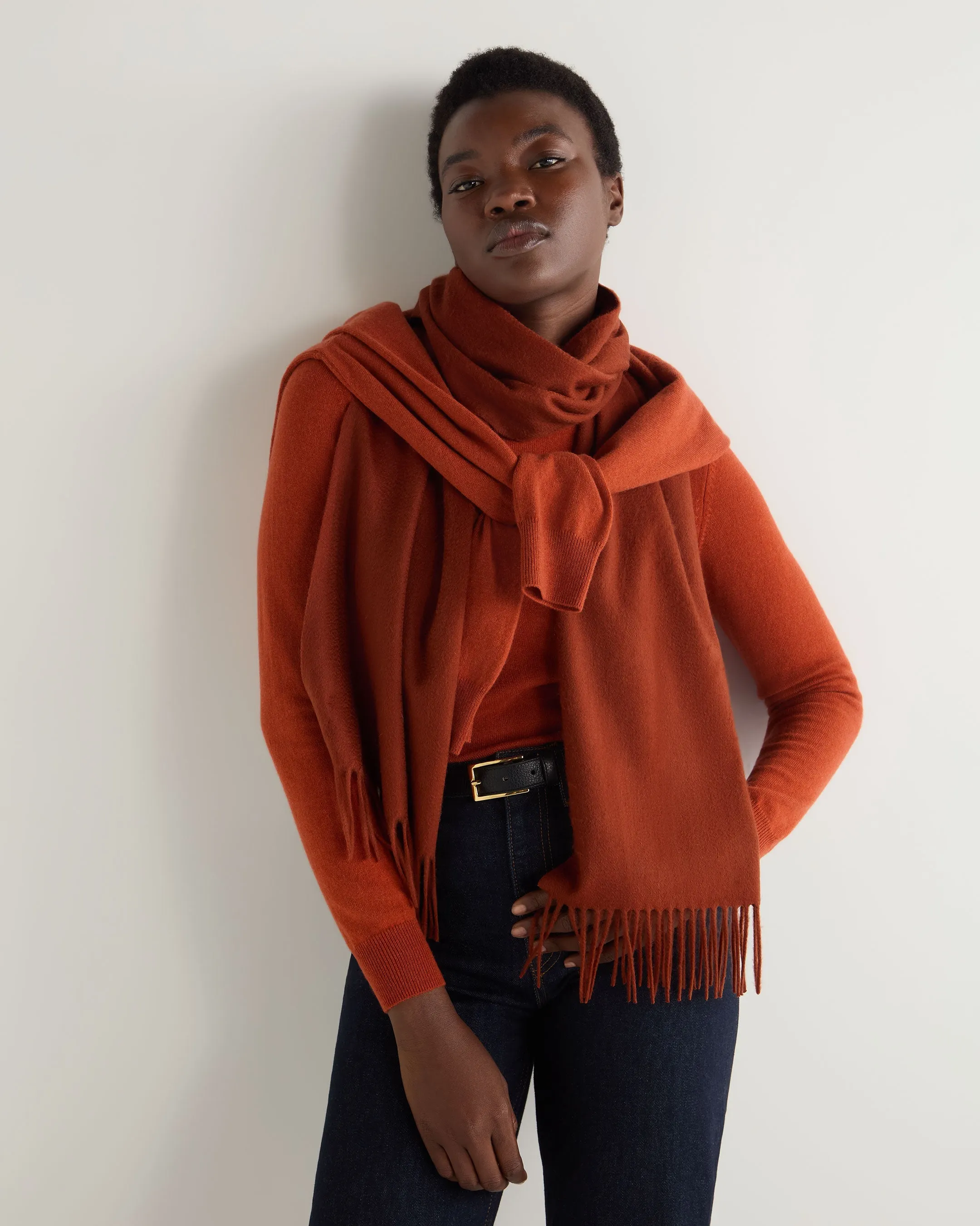 Unisex Large Woven Cashmere Scarf Spice Orange