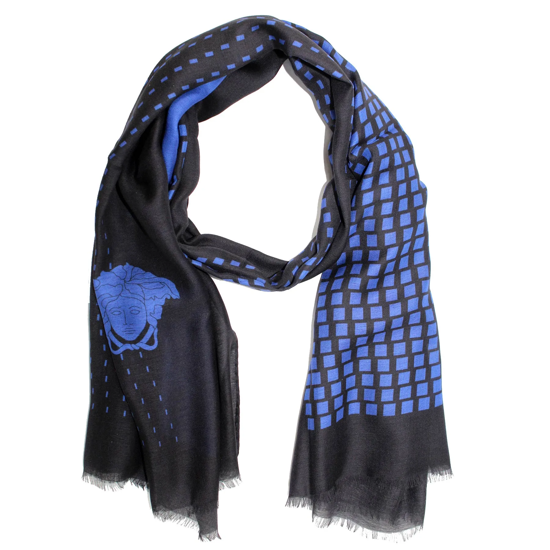 Versace Scarf Black Royal Blue Geometric & Medusa  - Cashmere Blend Shawl SALE