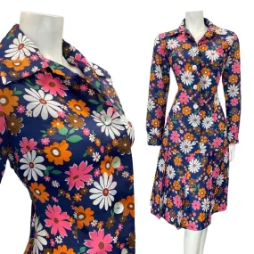 VINTAGE 60s 70s BLUE PINK ORANGE DAISY FLOWER POWER DAGGER SHIRT DRESS 10