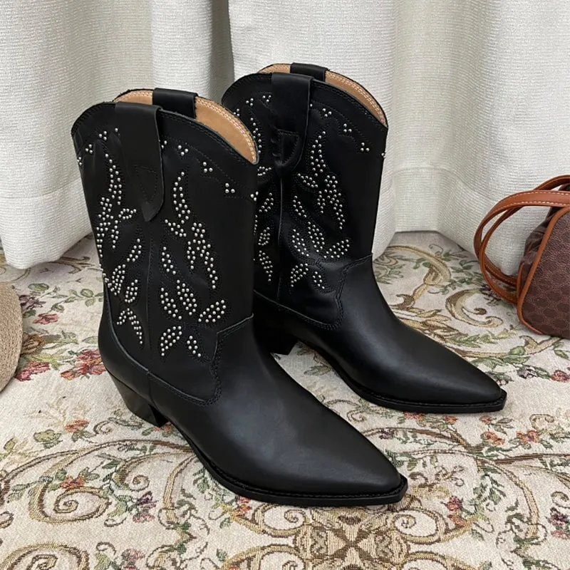 Vintage Suede Leather Womens Embroidered Western Boots Block Heel Short Boots