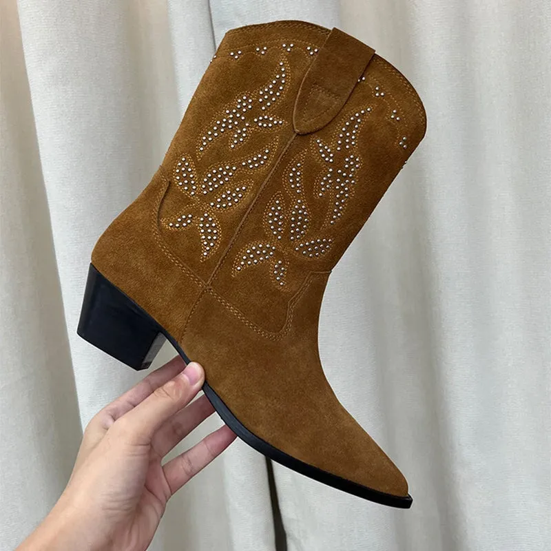 Vintage Suede Leather Womens Embroidered Western Boots Block Heel Short Boots