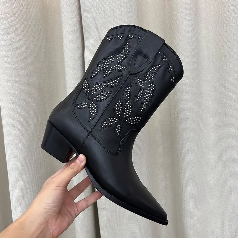 Vintage Suede Leather Womens Embroidered Western Boots Block Heel Short Boots