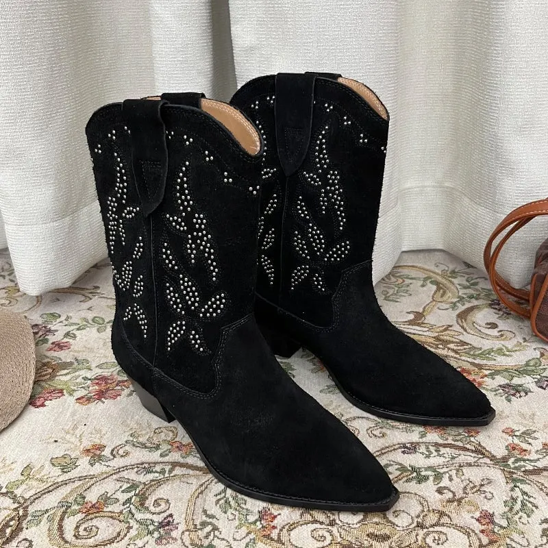 Vintage Suede Leather Womens Embroidered Western Boots Block Heel Short Boots