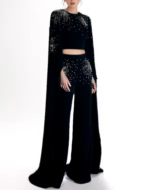 Women’s Embellished Extended Sleeve Crop Top and Wide-Leg Pant Suit