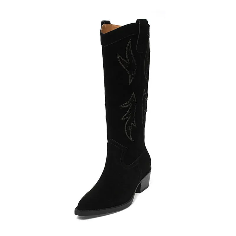 Women's Suede Western Embroidered Knee High Boots Block Heel - Black/Brown