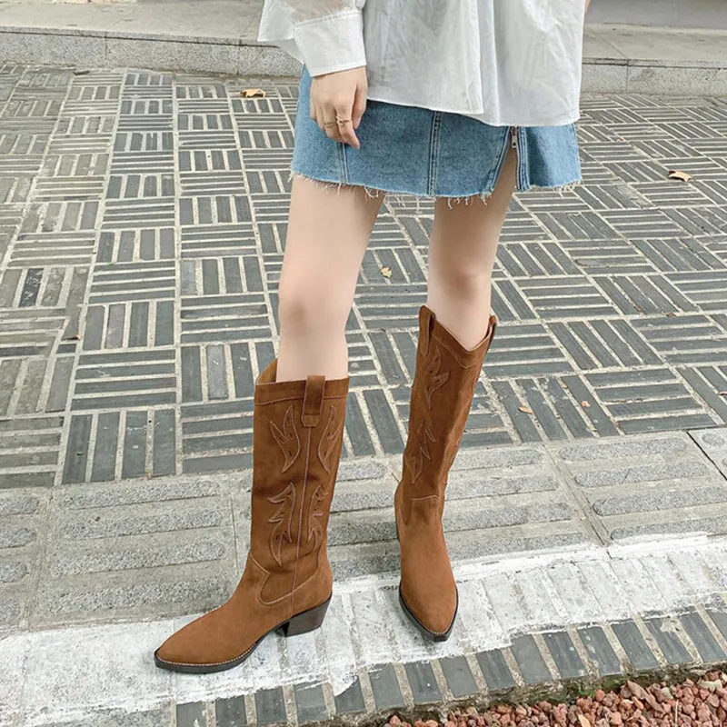 Women's Suede Western Embroidered Knee High Boots Block Heel - Black/Brown