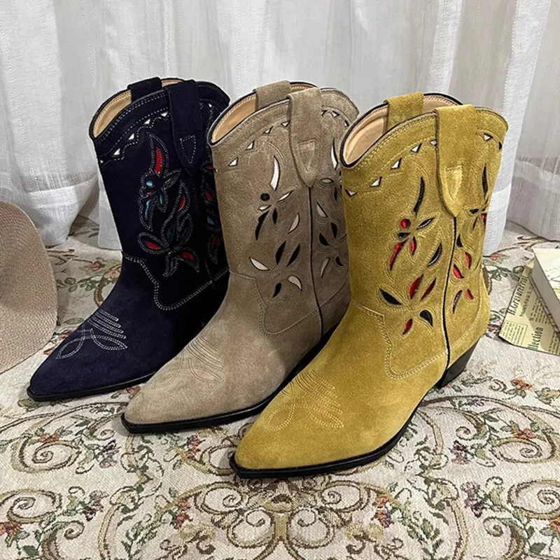 Womens Western Boots Block Heel Cut-Out Cowboy Boots All Genuine Leather