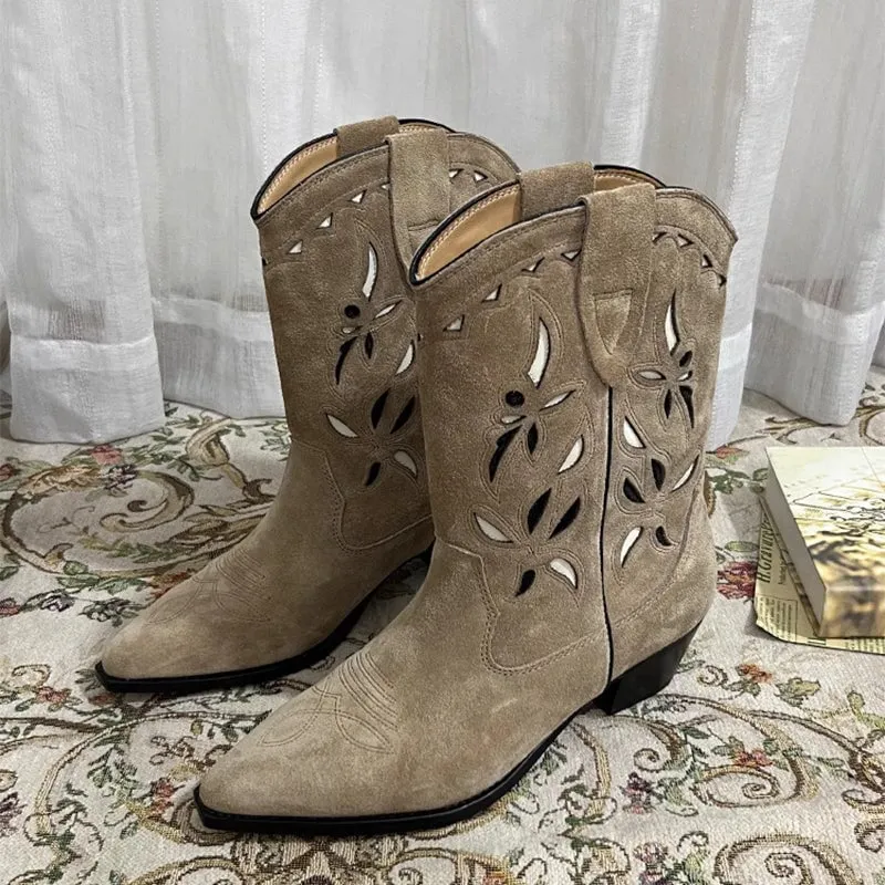 Womens Western Boots Block Heel Cut-Out Cowboy Boots All Genuine Leather