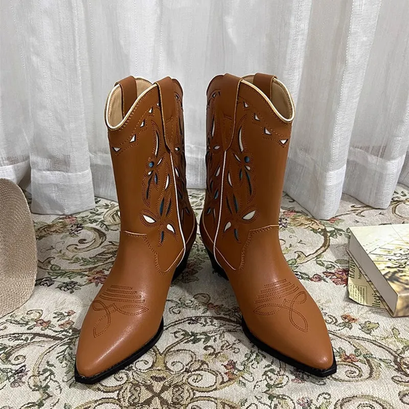 Womens Western Boots Block Heel Cut-Out Cowboy Boots All Genuine Leather