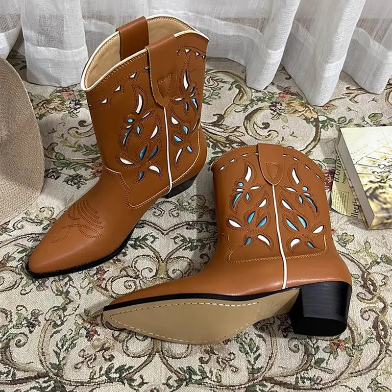 Womens Western Boots Block Heel Cut-Out Cowboy Boots All Genuine Leather