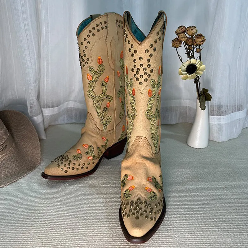 Womens Western Embroidered Boots Rivet Decorate- Khaki Contrast-stitching Cowboy Boots