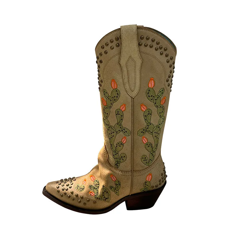 Womens Western Embroidered Boots Rivet Decorate- Khaki Contrast-stitching Cowboy Boots