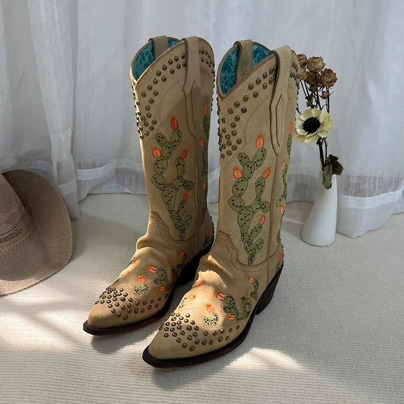 Womens Western Embroidered Boots Rivet Decorate- Khaki Contrast-stitching Cowboy Boots