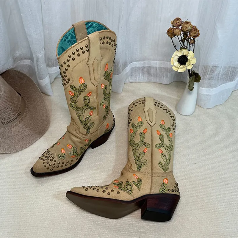 Womens Western Embroidered Boots Rivet Decorate- Khaki Contrast-stitching Cowboy Boots