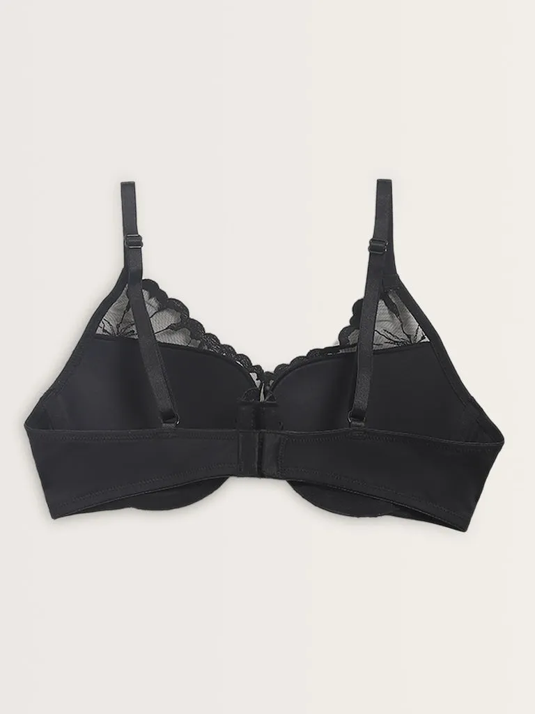 Wunderlove Black Floral Embroidered Plunge Wired Bra